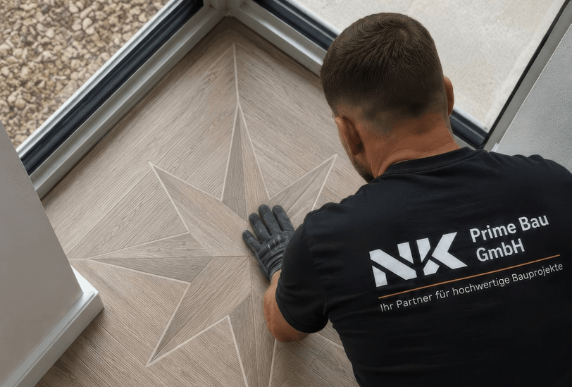 Mitarbeiter von NK Prime Bau GmbH der ein Stern aus Parkett verlegt